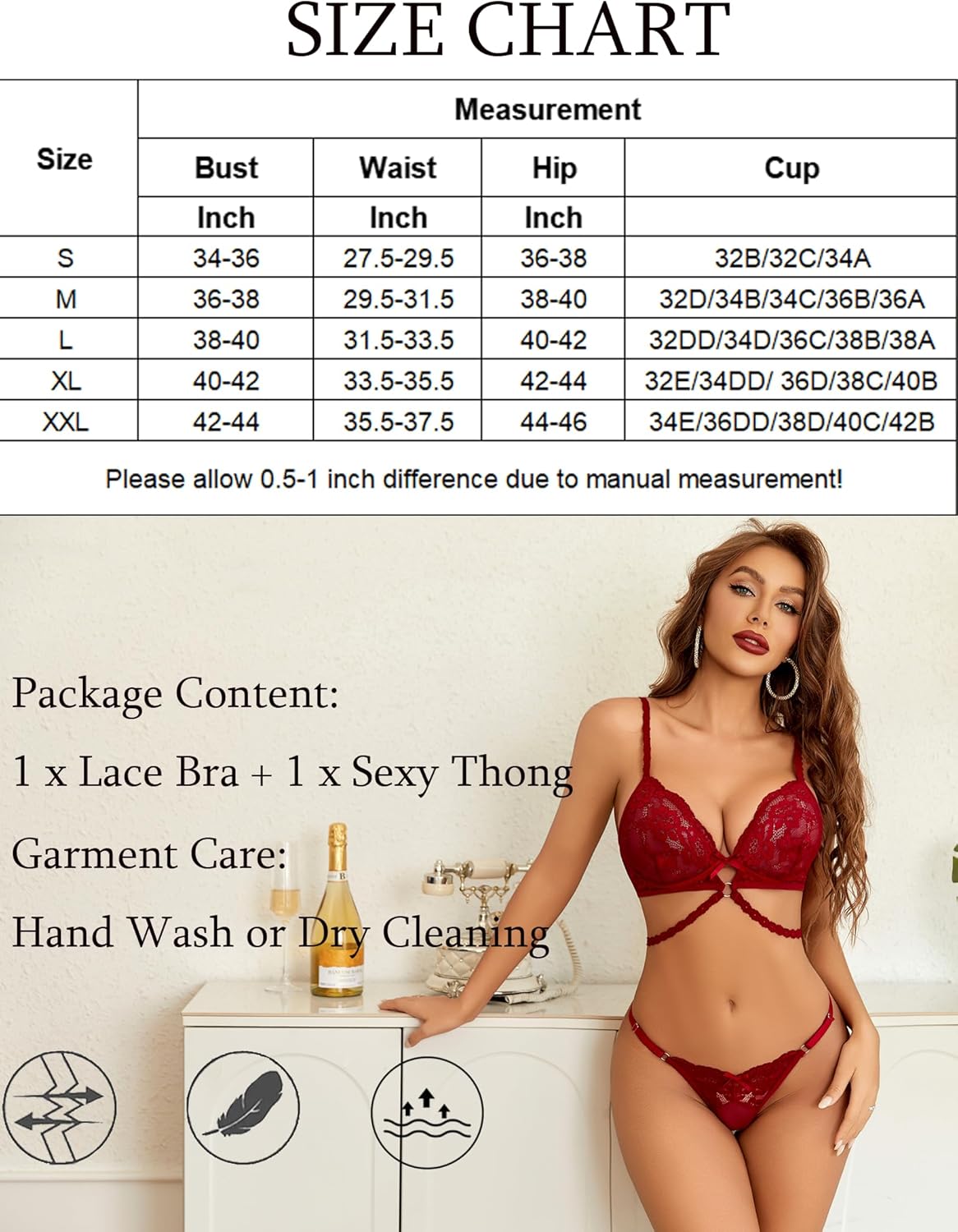 Red lace bra and thong set with size chart, hand wash or dry cleaning, perfect for a sensual look.