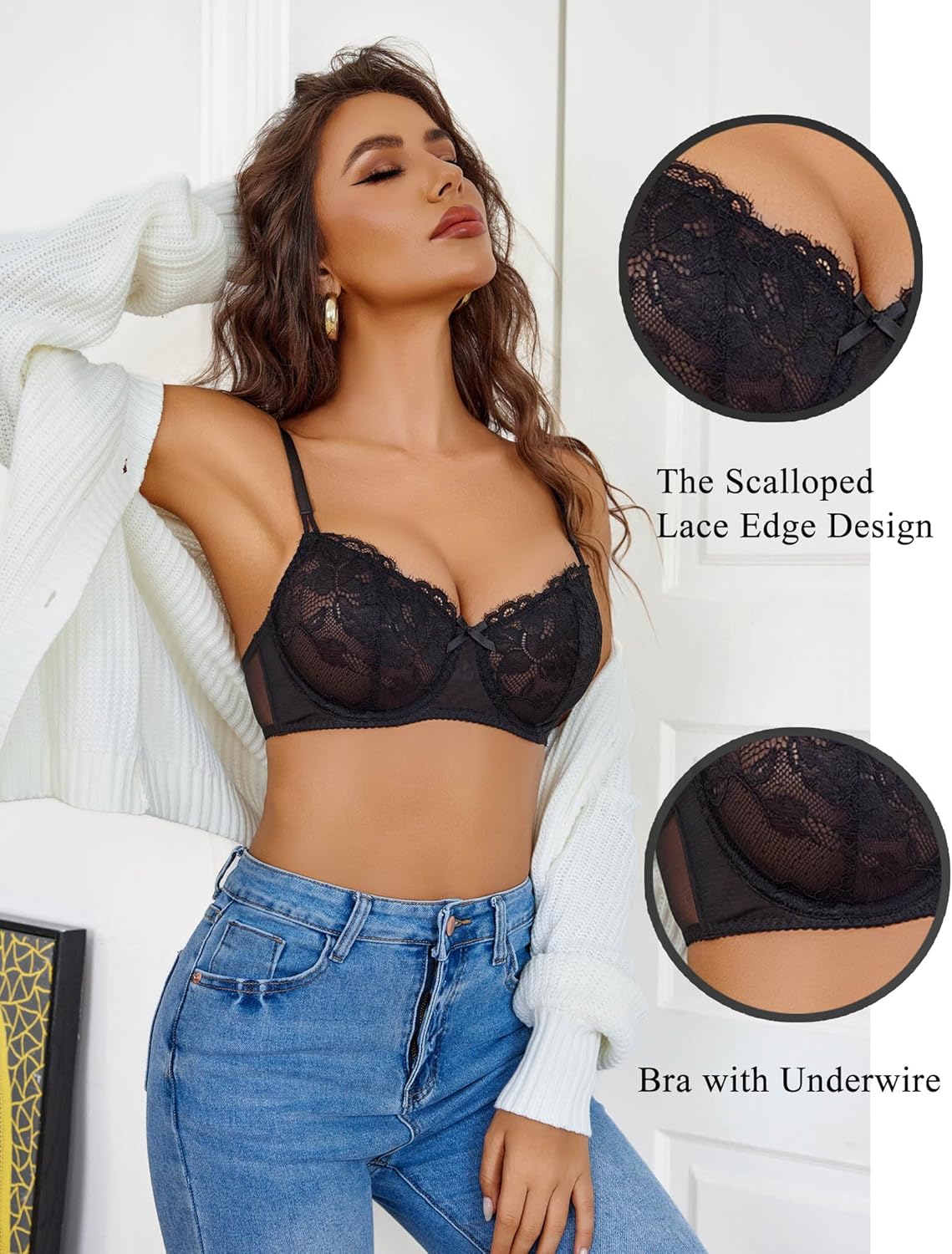Avidlove Black Lace Push-Up Bra with Underwire, Scalloped Lace Edge Design, Sheer Balconette Bra