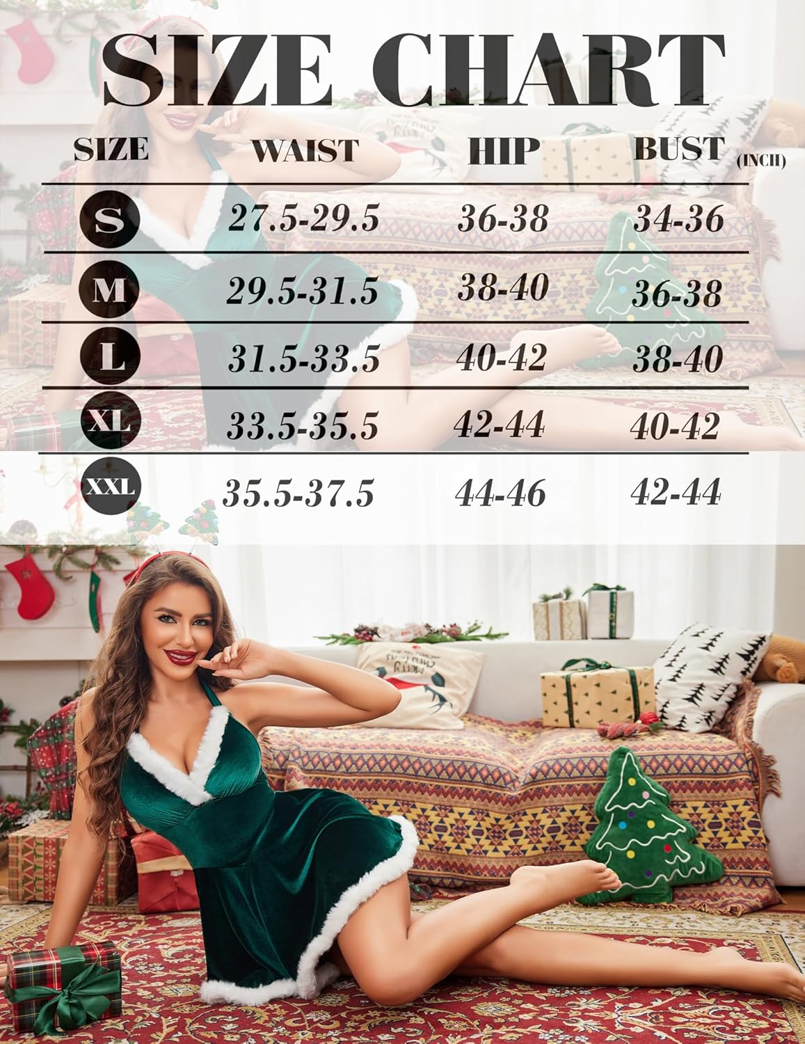 Green velvet Christmas Santa babydoll dress with size chart, halter design, holiday lingerie