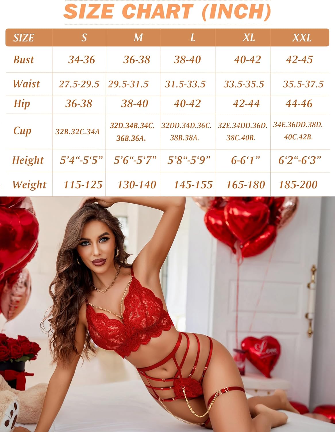 Red lace lingerie set with chain details. Sexy bra, panty, and garter belt. Size chart available.