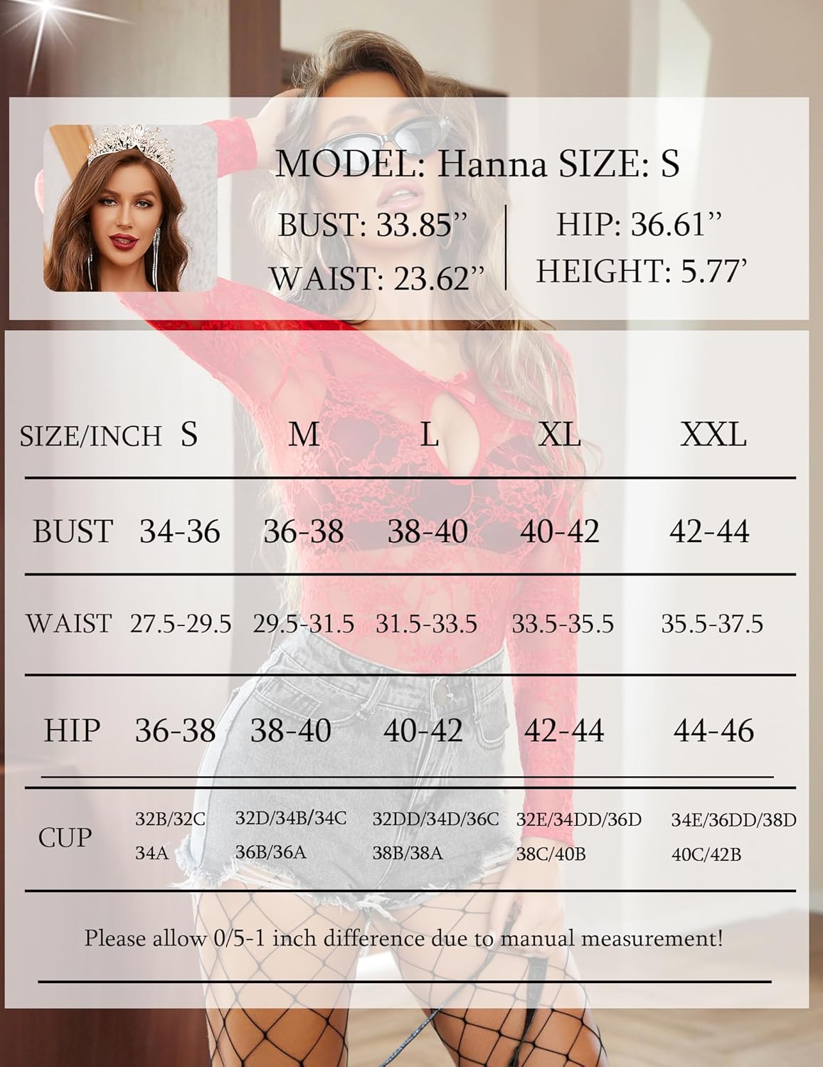 Avidlove red lace bodysuit size chart: S-XXL. Includes model Hanna's measurements.