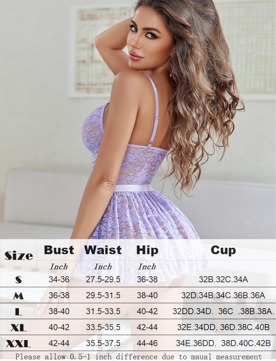 Lavender lace babydoll dress with ruffled hem, adjustable straps, and size chart.