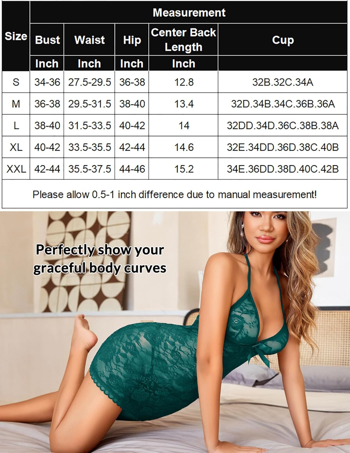 Teal lace halter V neck sleepwear mini dress with floral lace and size chart.