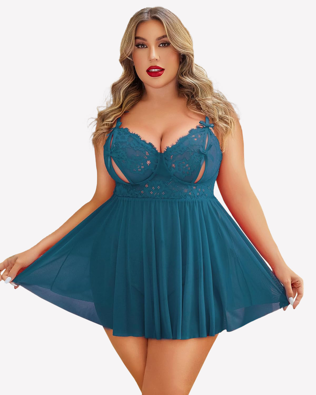 Plus Size Teal Lace Babydoll Nighty with Adjustable Straps and Cut-out Detail