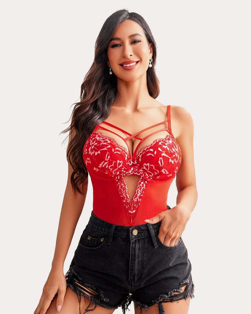 Red lace criss-cross bodysuit, sexy lingerie, adjustable straps, perfect for a romantic night.