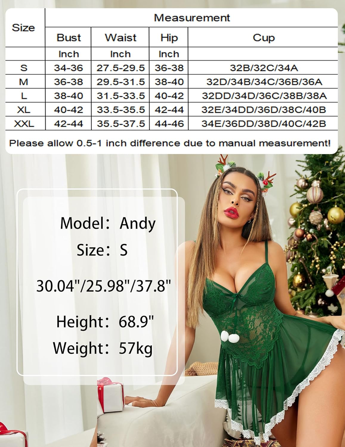 Green lace Christmas lingerie babydoll. Model Andy in size S. Measurements for sexy Christmas look