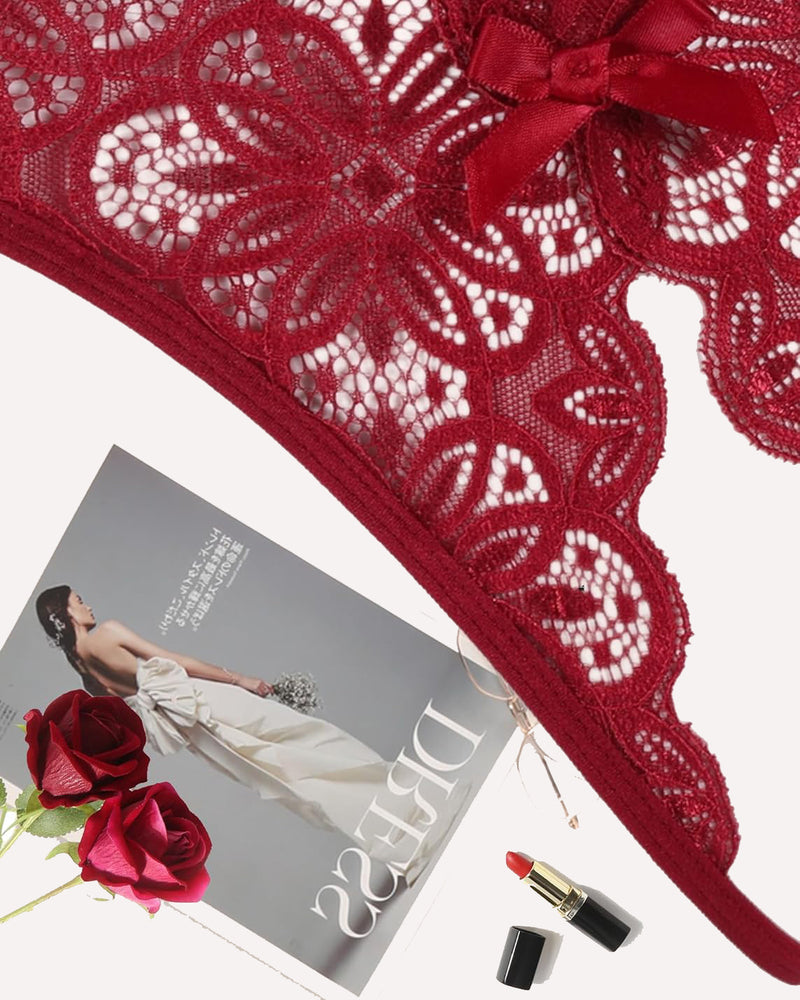 Red floral lace briefs with bow detail. Sexy low-rise design. Featuring Avidlove lingerie.