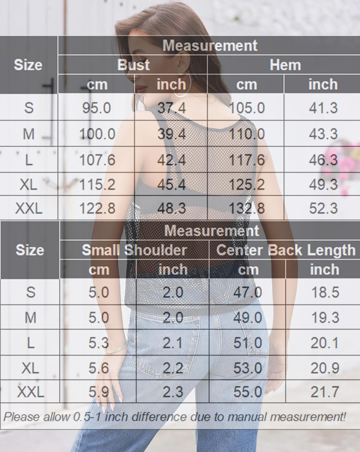 Fishnet top size chart with bust, hem, and shoulder measurements in cm and inches, sizes S-XXL