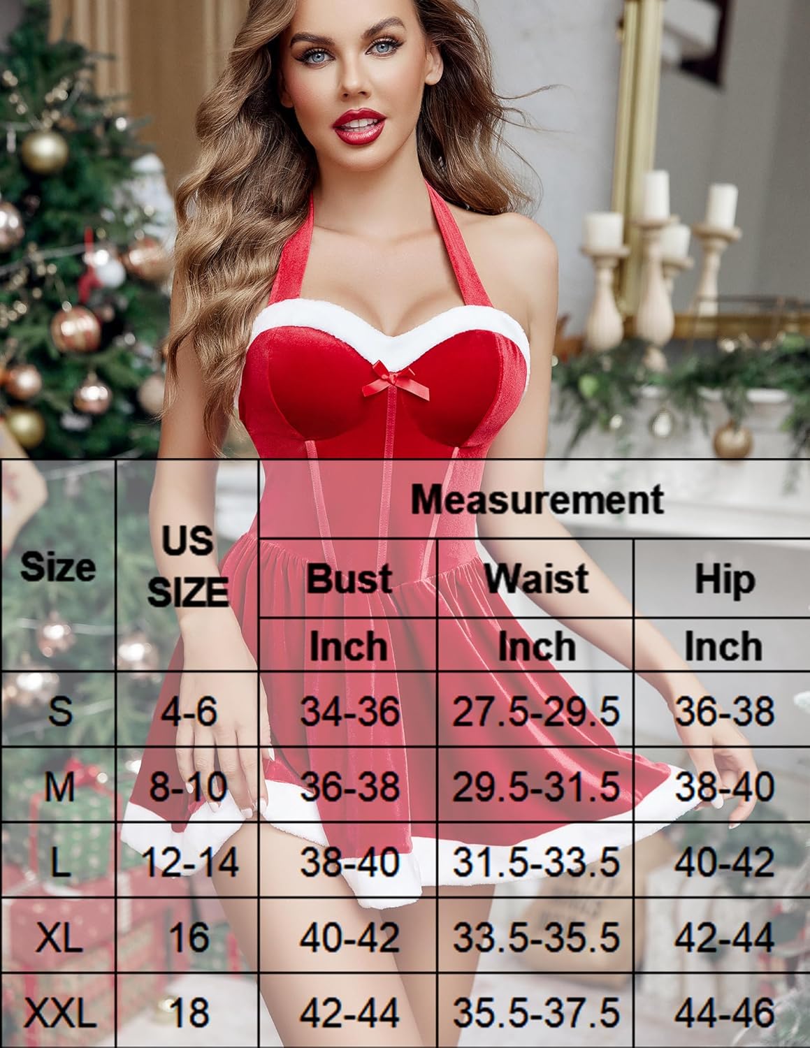 Red velvet Christmas corset mini dress with size chart. Perfect for holiday parties.