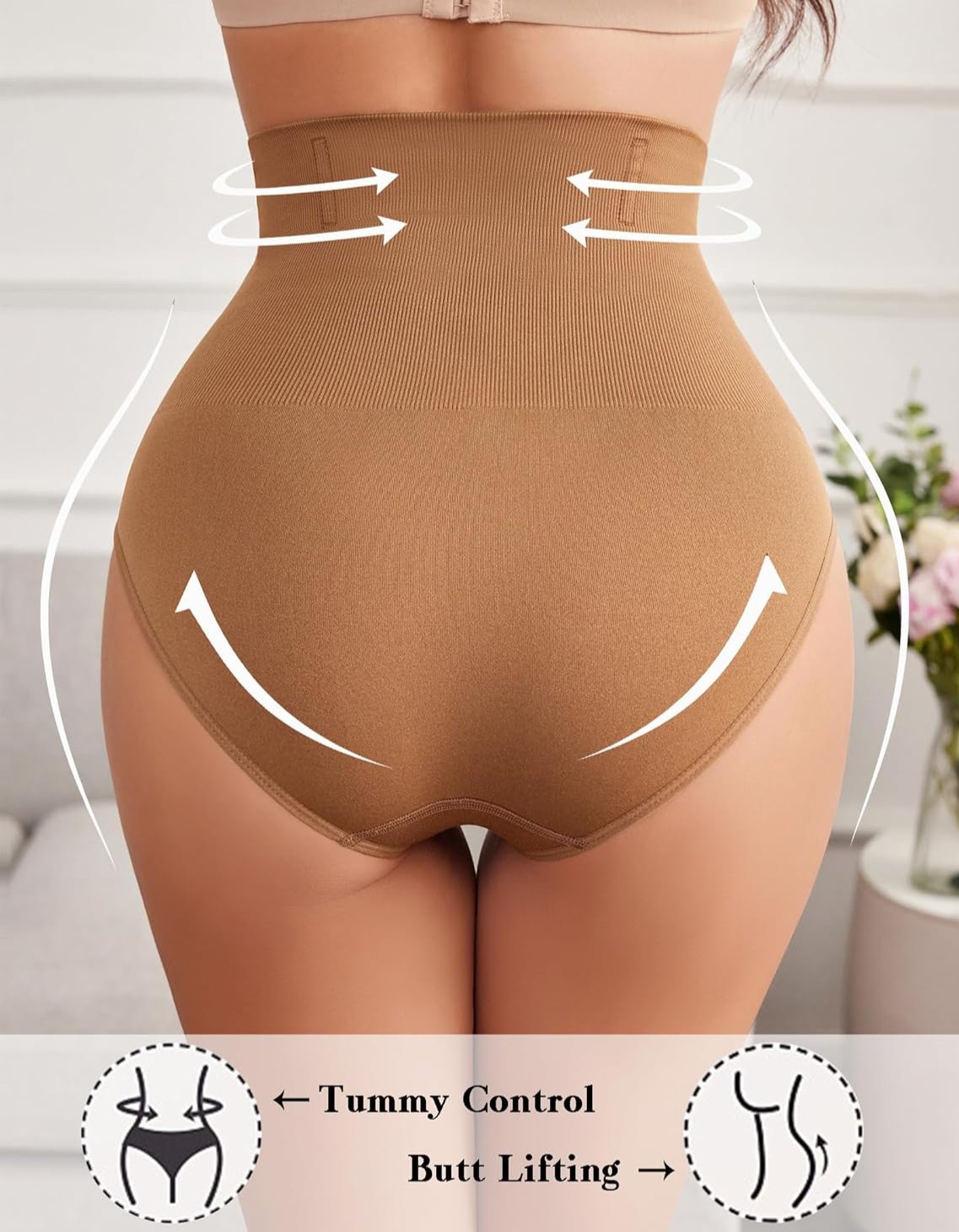 Brown high-waisted tummy control thong shapewear, smoothing silhouette and accentuating curves.