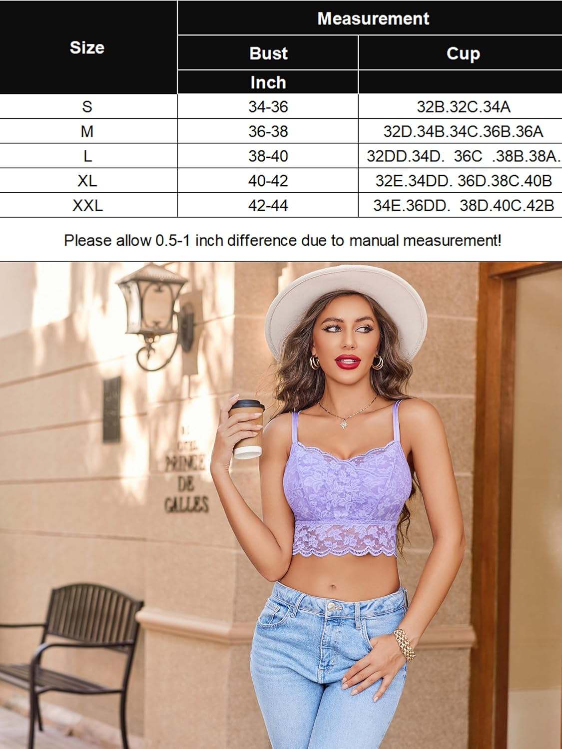Lavender lace crop top with adjustable straps on a model, styled with jeans; size chart provided.