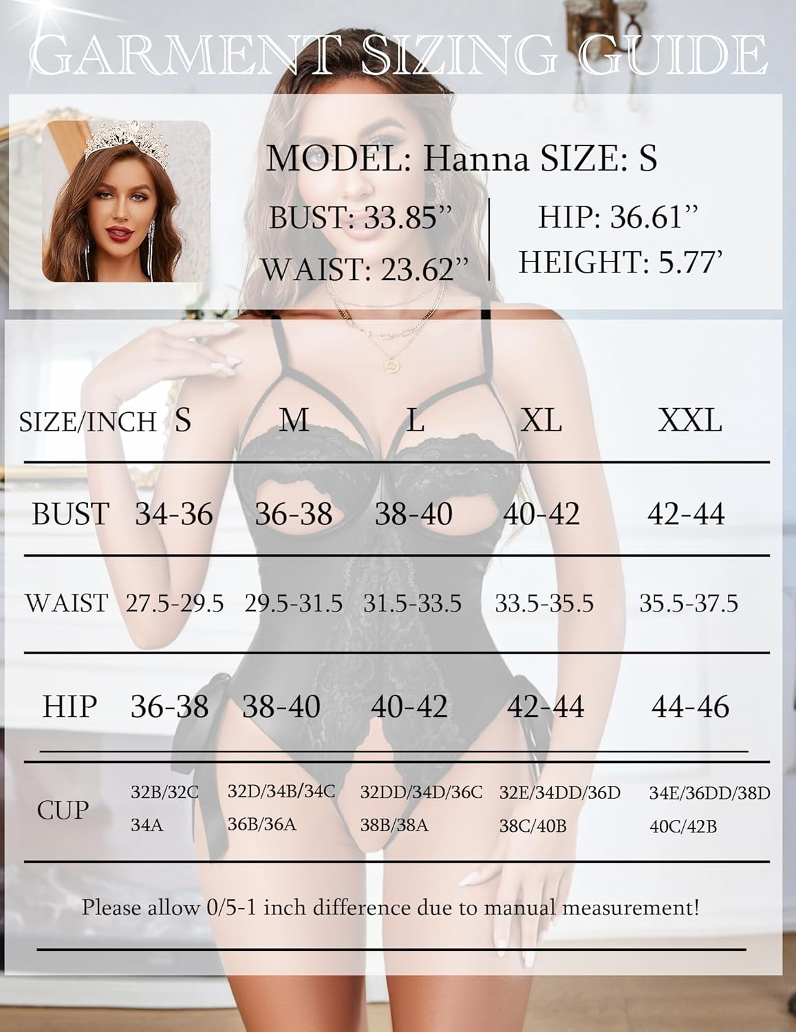 Avidlove Lingerie Size Chart - Hanna Model, Bust, Waist, Hip, and Cup Measurements for Bodysuits