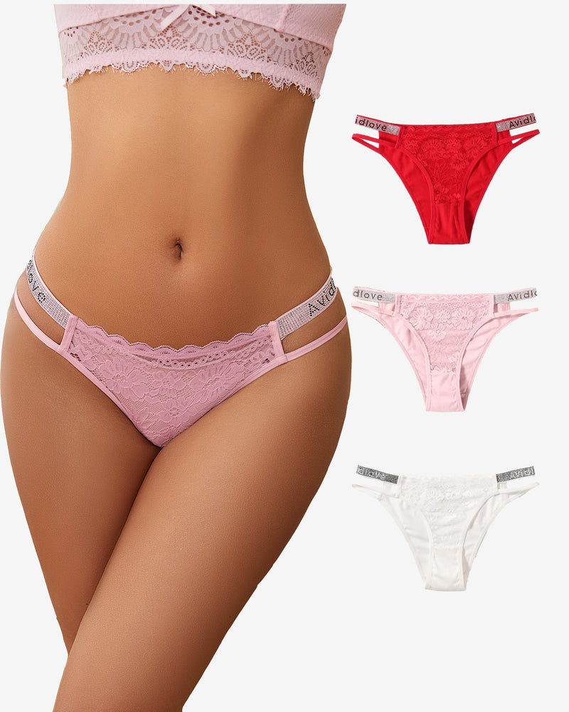 Avidlove floral lace hipster panties with rhinestone straps. Low-rise, available in multiple colors.