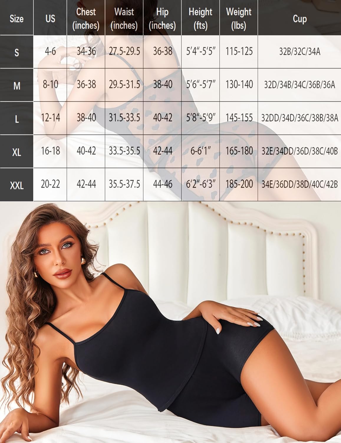 Black spaghetti strap pajama set, size chart included, for a comfortable and sexy look.
