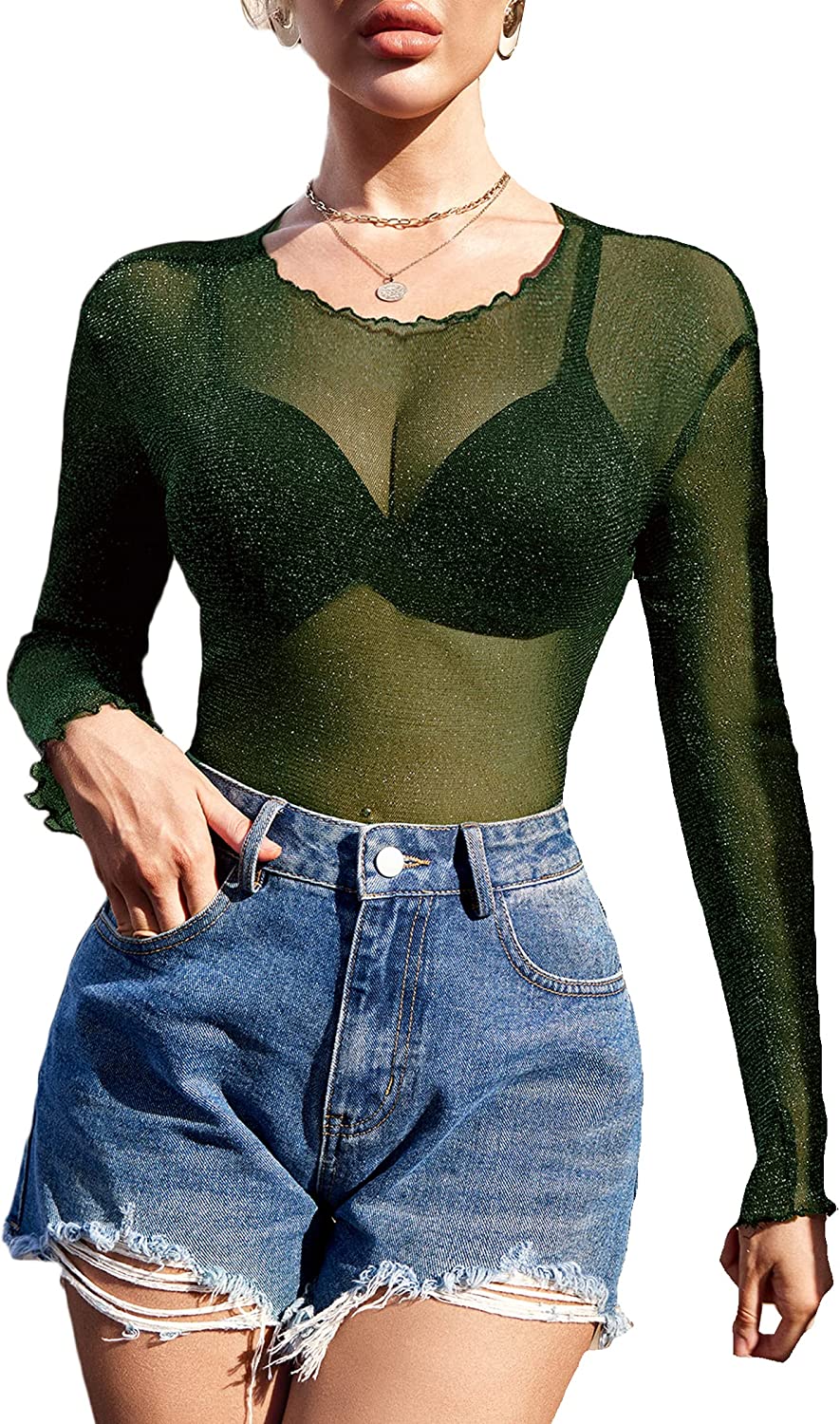 Green mesh long sleeve see through shirt and denim shorts. Stylish night out outfit.