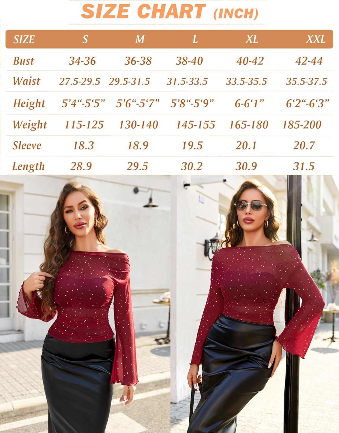 Burgundy mesh off-shoulder top with rhinestone accents and bell sleeves, size chart included.