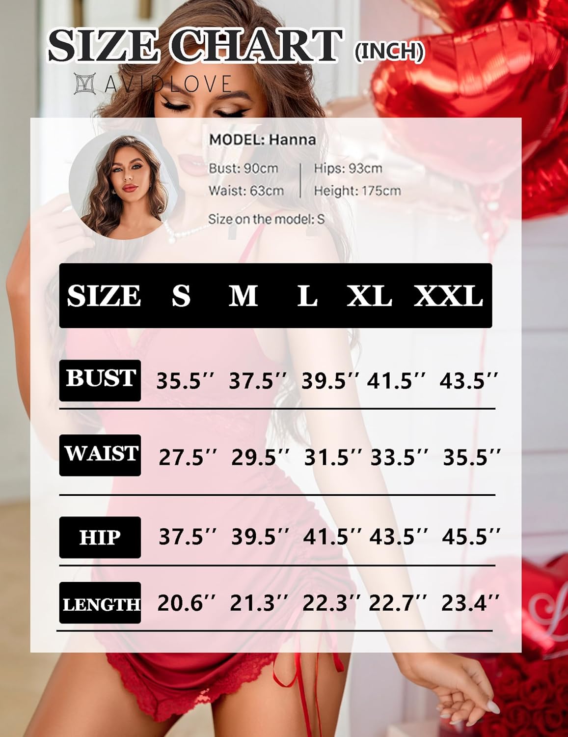 Ruched Modal Chemise size chart: bust, waist, hip, length measurements for sizes S-XXL.