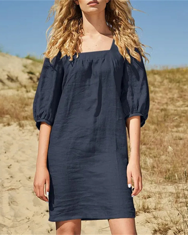 Navy blue square neck casual cotton dress with short sleeves, perfect for leisure and daily wear