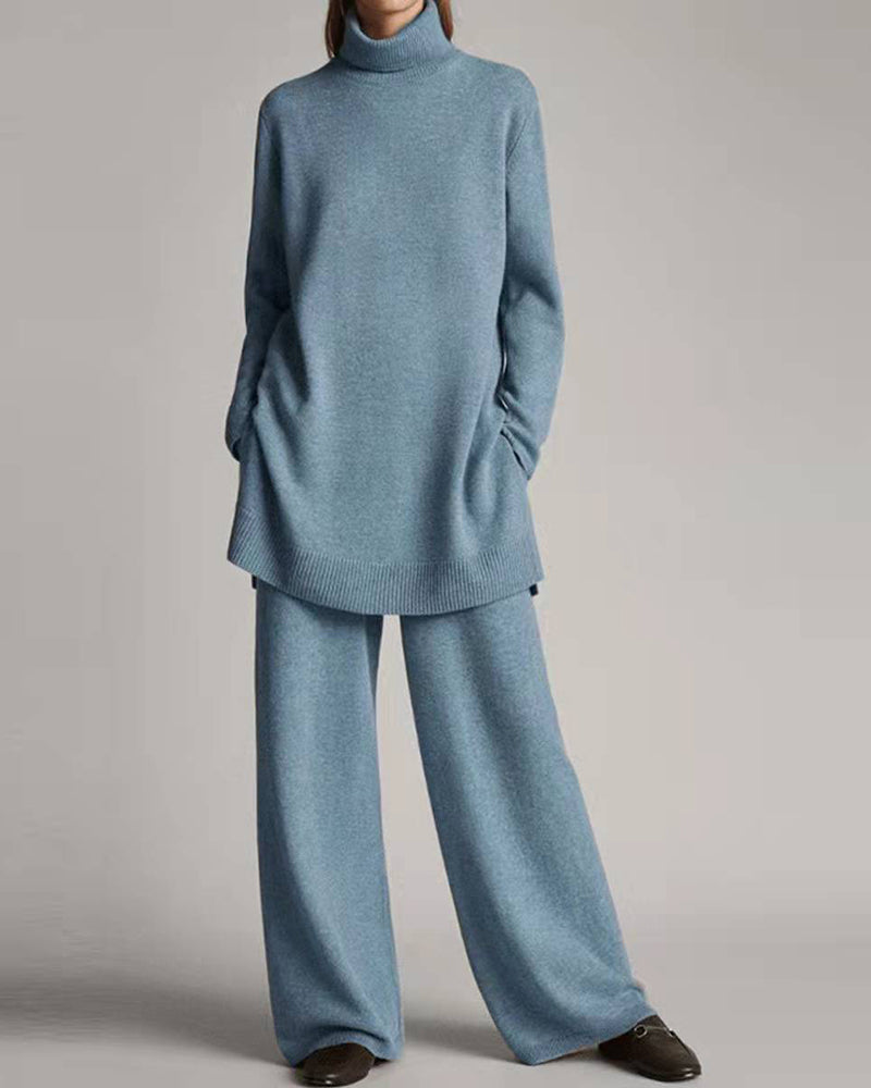 Light blue sweater top and wide leg pants set, casual style, perfect for leisure and daily wear.