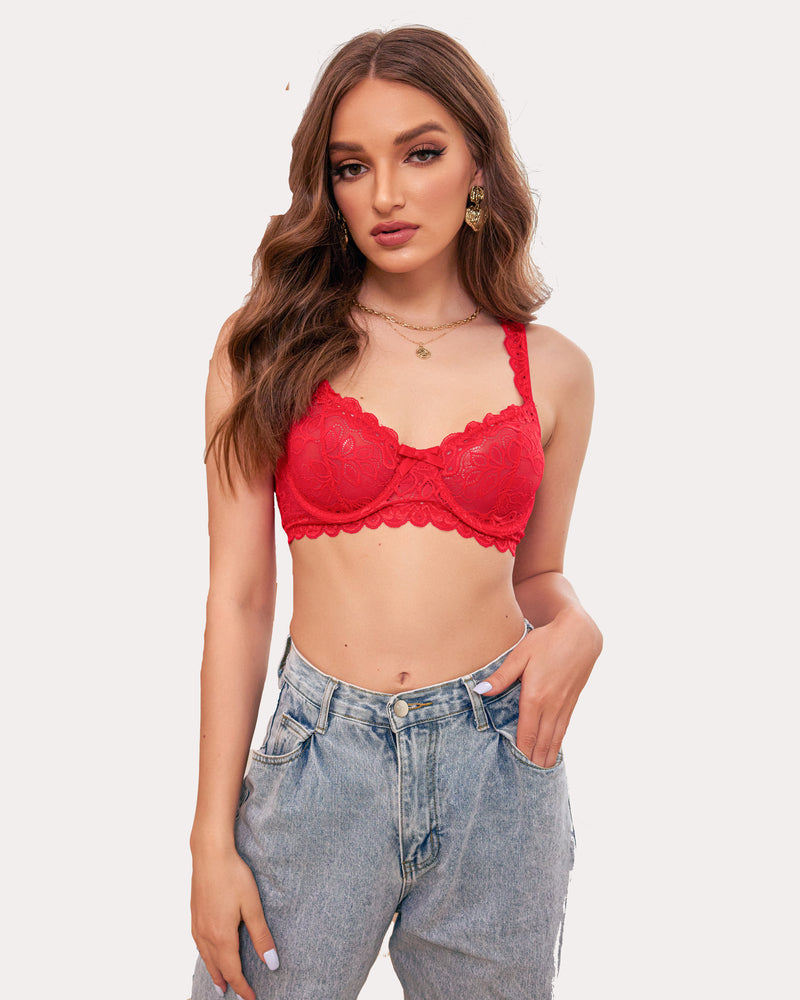Red lace bra lingerie set with jeans. Sexy and elegant women's lingerie, designed for confidence.