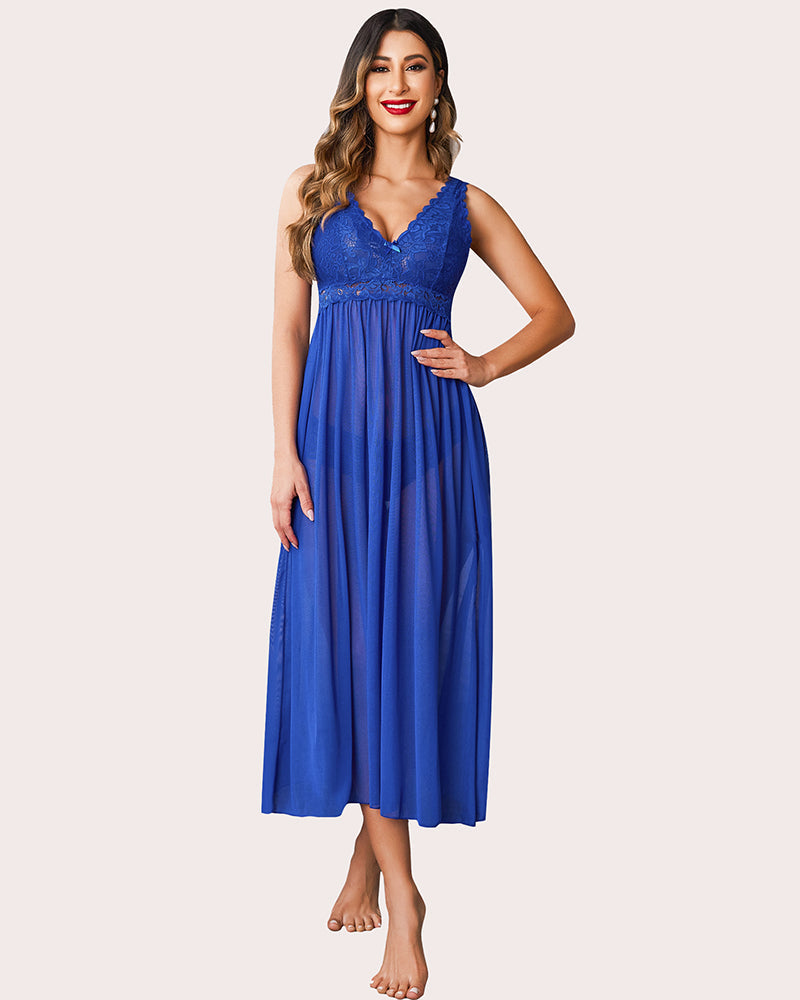 Royal blue V-neck lace mesh chemise babydoll nightwear for women. Elegant and sheer lingerie.