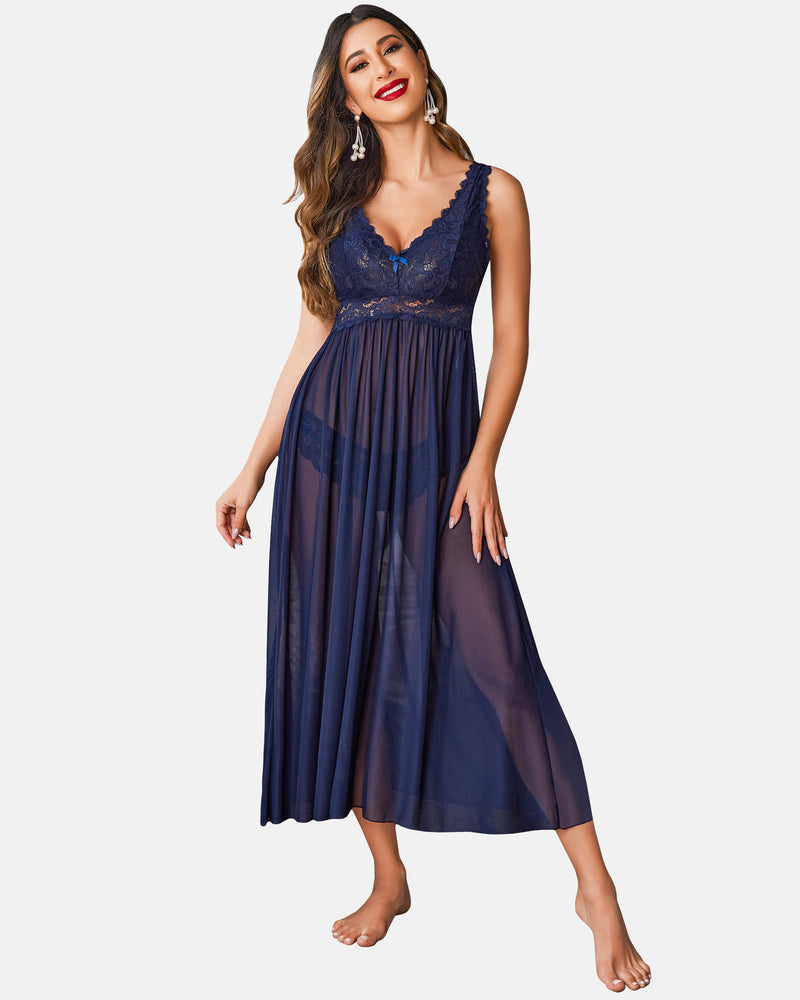 Navy blue lace mesh chemise sleepwear for women, elegant V-neck design, perfect nightwear