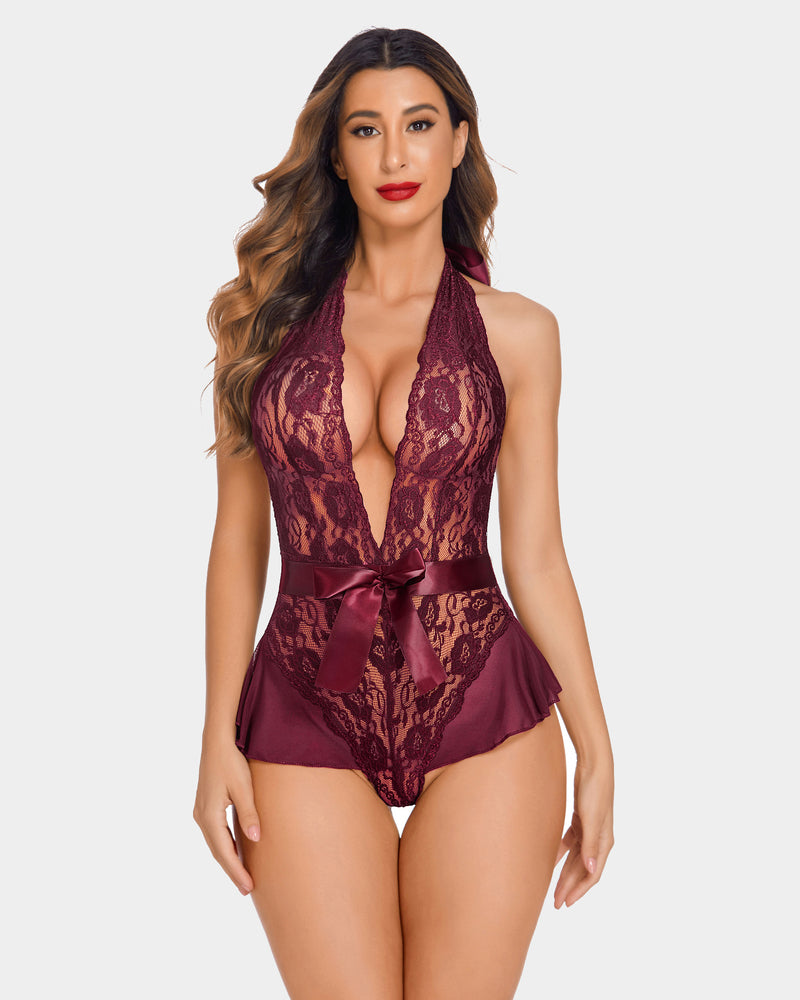 Burgundy halter V neck lace lingerie bodysuit with satin bow detail, elegant and sexy lingerie