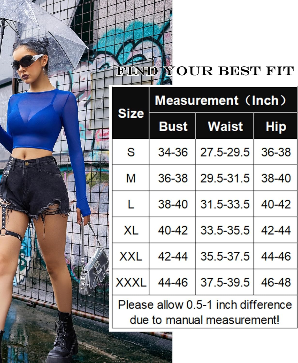 Blue mesh crop top bra and panty set with size chart. Find your best fit with Avidlove lingerie.