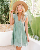 Sleeveless V Neck Lace Dresses With Pockets And Built In Shorts Loose Fit Flowy Pleated Swing Dress