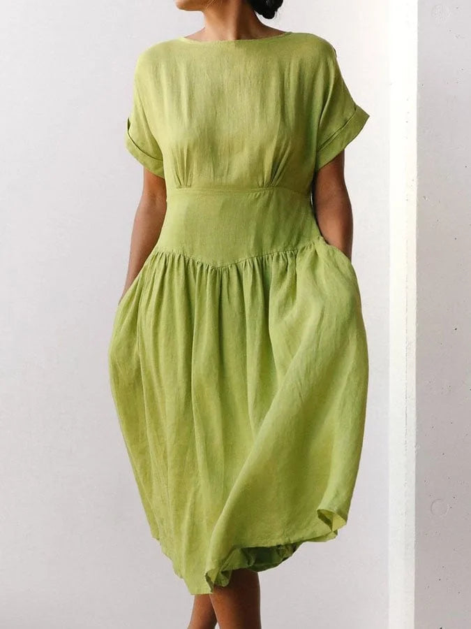 Grass green linen midi dress, short sleeves, round neck, gathered waist, tiered skirt