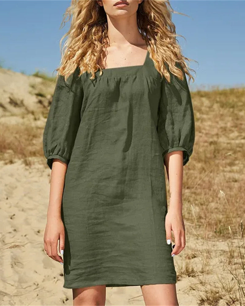 Olive green square neck casual cotton dress with short sleeves, perfect for leisure and daily wear
