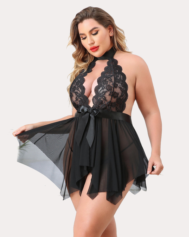 Plus Size Black Lace Babydoll Lingerie with Satin Bow and Halter Neck, Mesh skirt