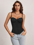 Black underwire sweetheart corset top with adjustable straps and boned fit