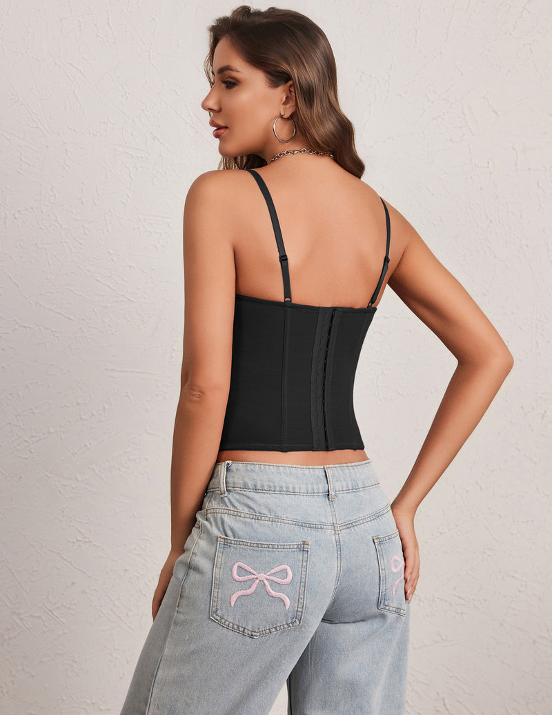 Black corset top with adjustable spaghetti straps, back view, boned waist