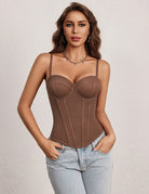 Brown underwire sweetheart corset top with adjustable straps and boned waist