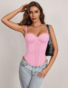 Pink underwire sweetheart corset top with adjustable straps and corset seams