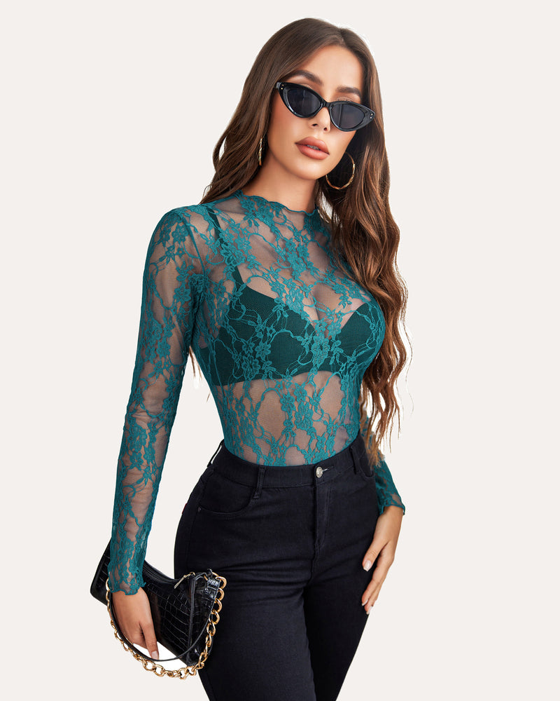 Teal floral lace sheer blouse, mock neck long sleeve, stylish and sexy look