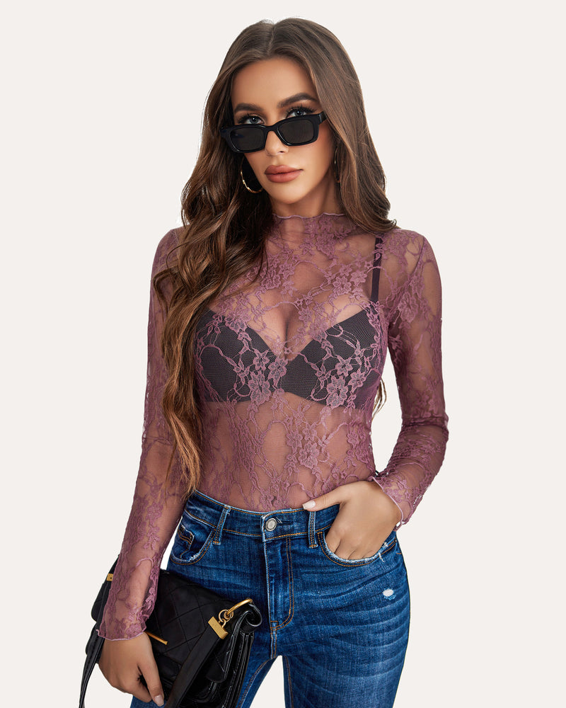 Mauve floral lace sheer blouse with mock neck and long sleeves, stylish look for women
