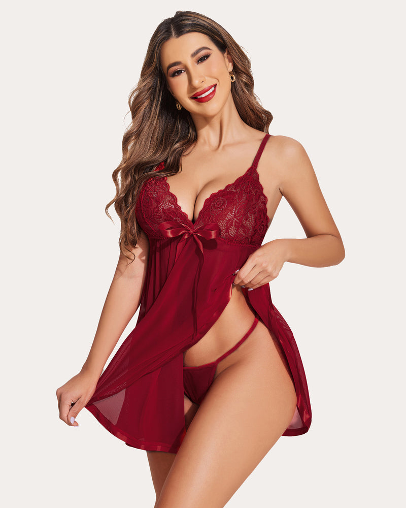 Burgundy lace babydoll mesh dress with bow, romantic lingerie for women