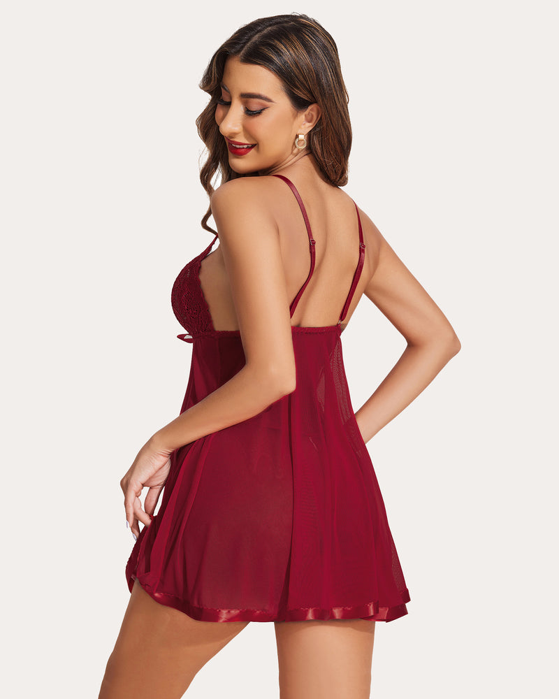 Burgundy lace babydoll dress, adjustable straps, and mesh skirt, a romantic lingerie gift