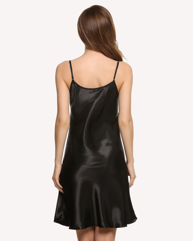 Black satin chemise slip nightgown with adjustable straps, comfortable sleepwear for women