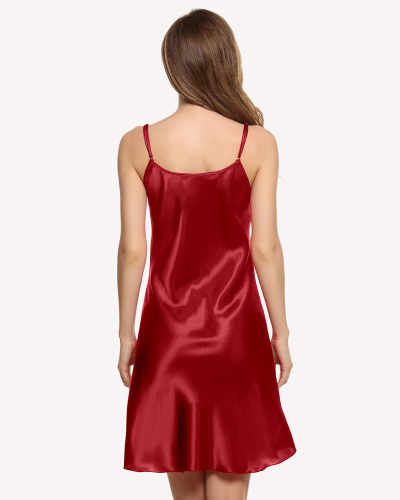Red satin chemise slip nightgown, adjustable straps, comfortable sleepwear. Sexy satin lingerie.