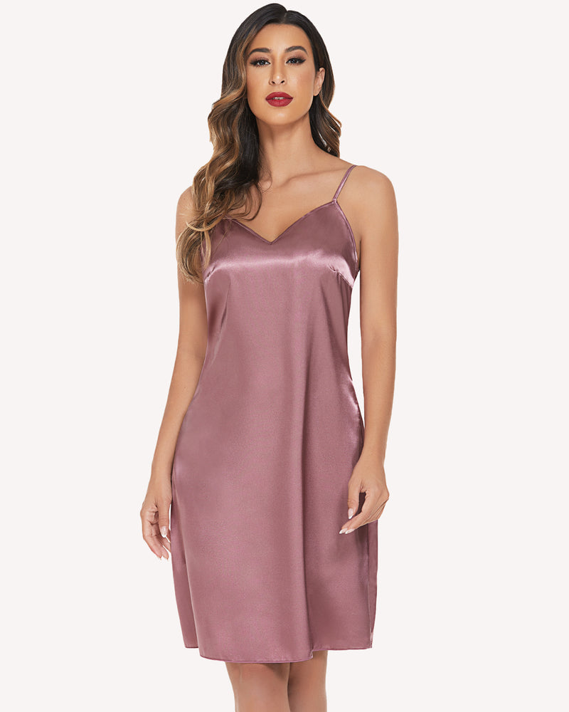 Mauve satin chemise, adjustable straps. Comfortable, sexy sleepwear.