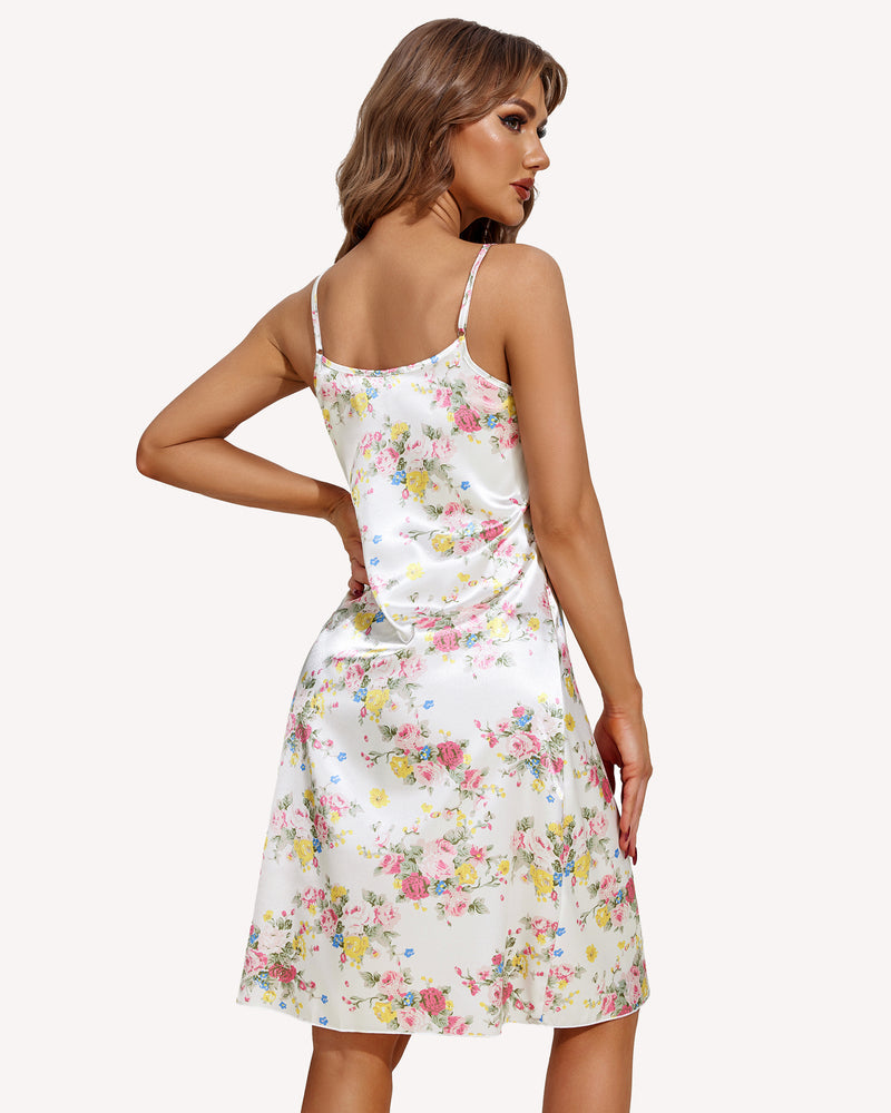 Floral satin slip dress. Comfortable, adjustable straps, stylish sleepwear.