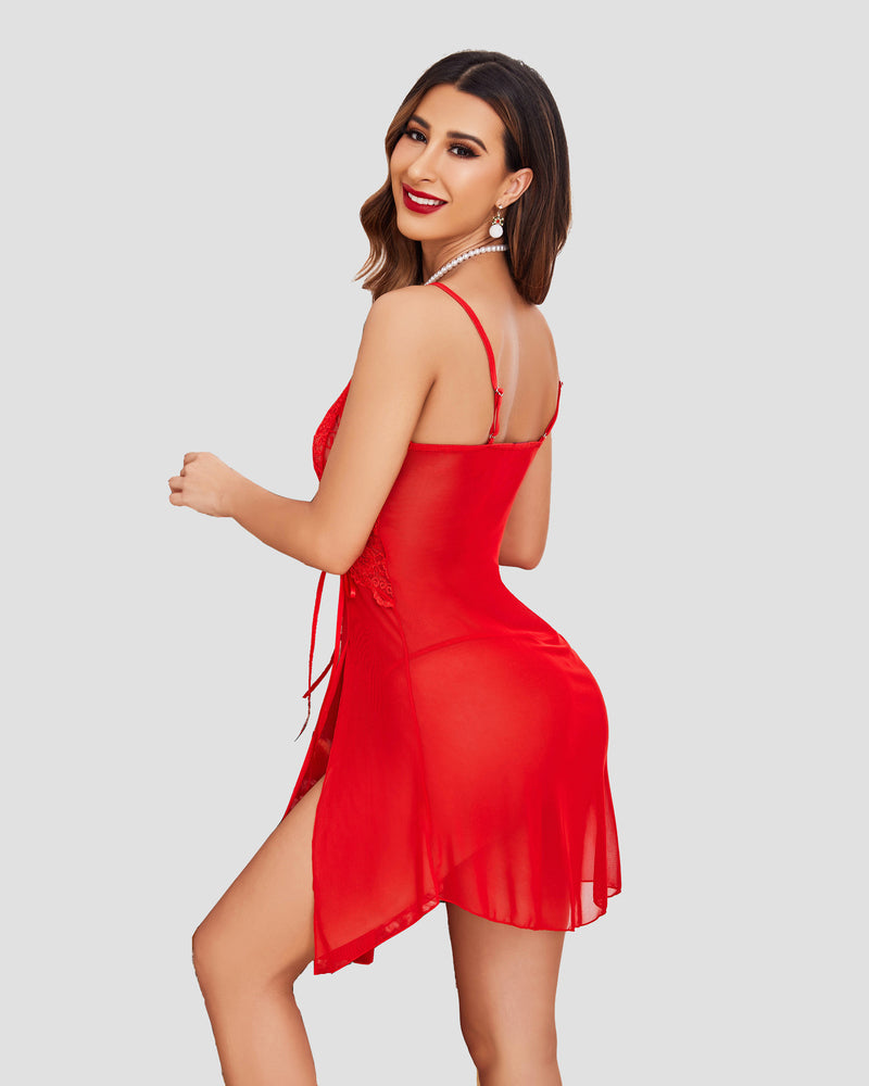 Red lace babydoll sleepwear with side slit, adjustable straps. Sexy lingerie for women