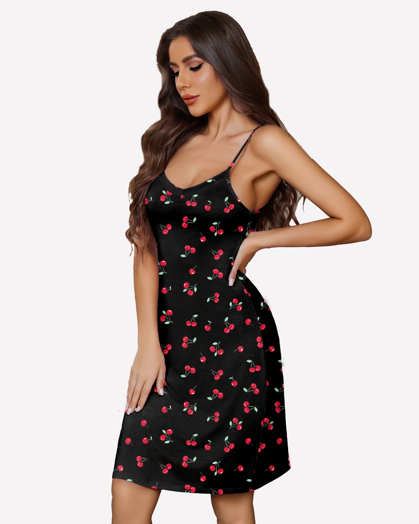 Plus Size Black Chemise Nightgown with Cherry Print - Above Knee Length