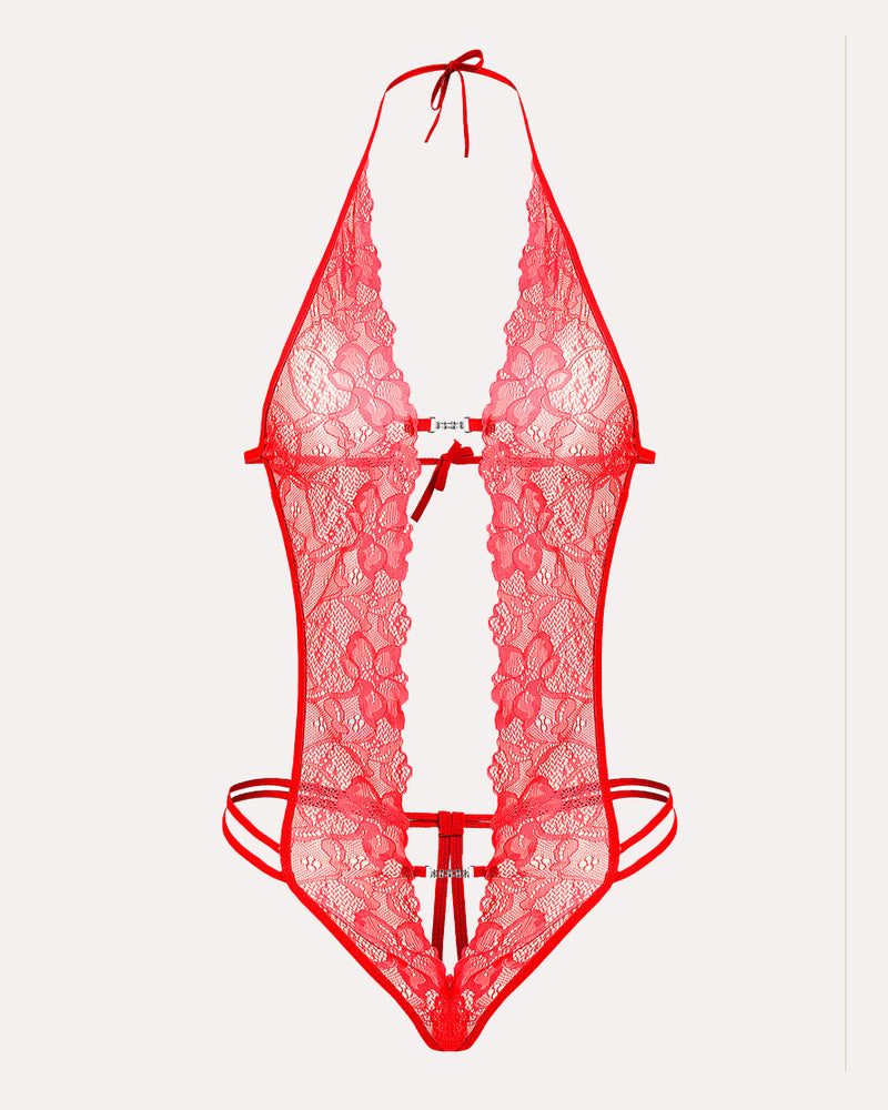 Red lace bodysuit with deep V-neck, backless design, and floral lace. Sexy lingerie for women.