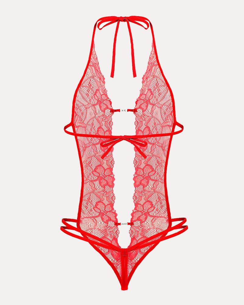 Red lace halter bodysuit. Floral lace teddy lingerie with deep V-neck and backless design.