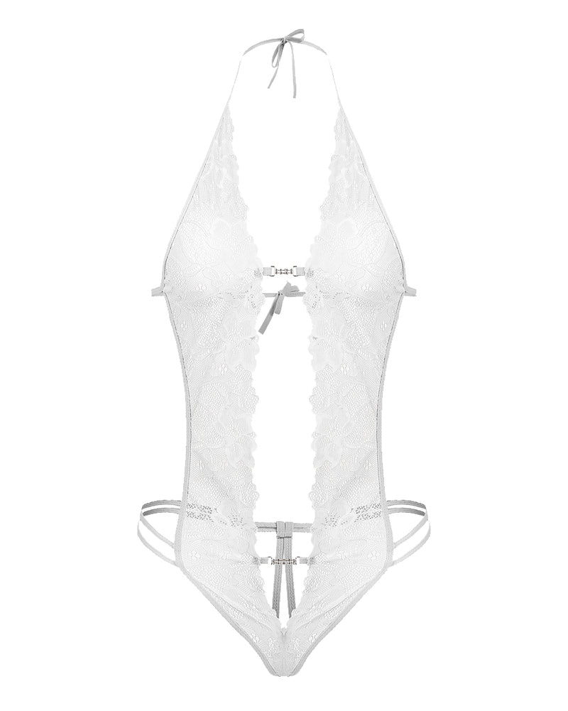 White lace bodysuit with deep V-neckline and backless design. Sexy floral lace lingerie for women.