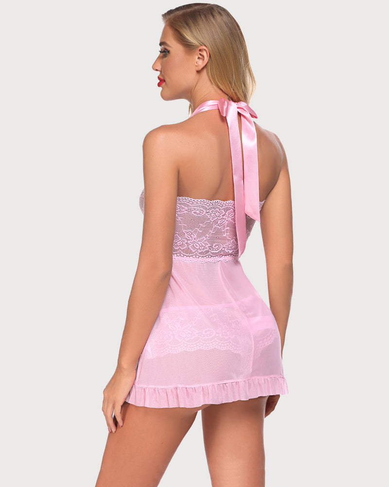 Pink halter babydoll lingerie set with lace and mesh details, satin bow, and ruffle hem
